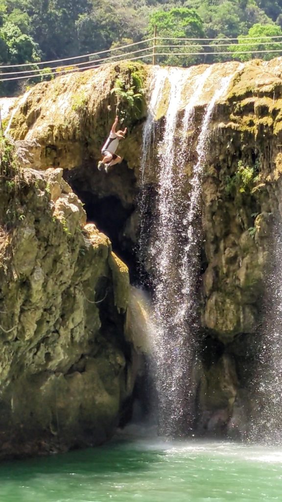 Jumping into the waterfall